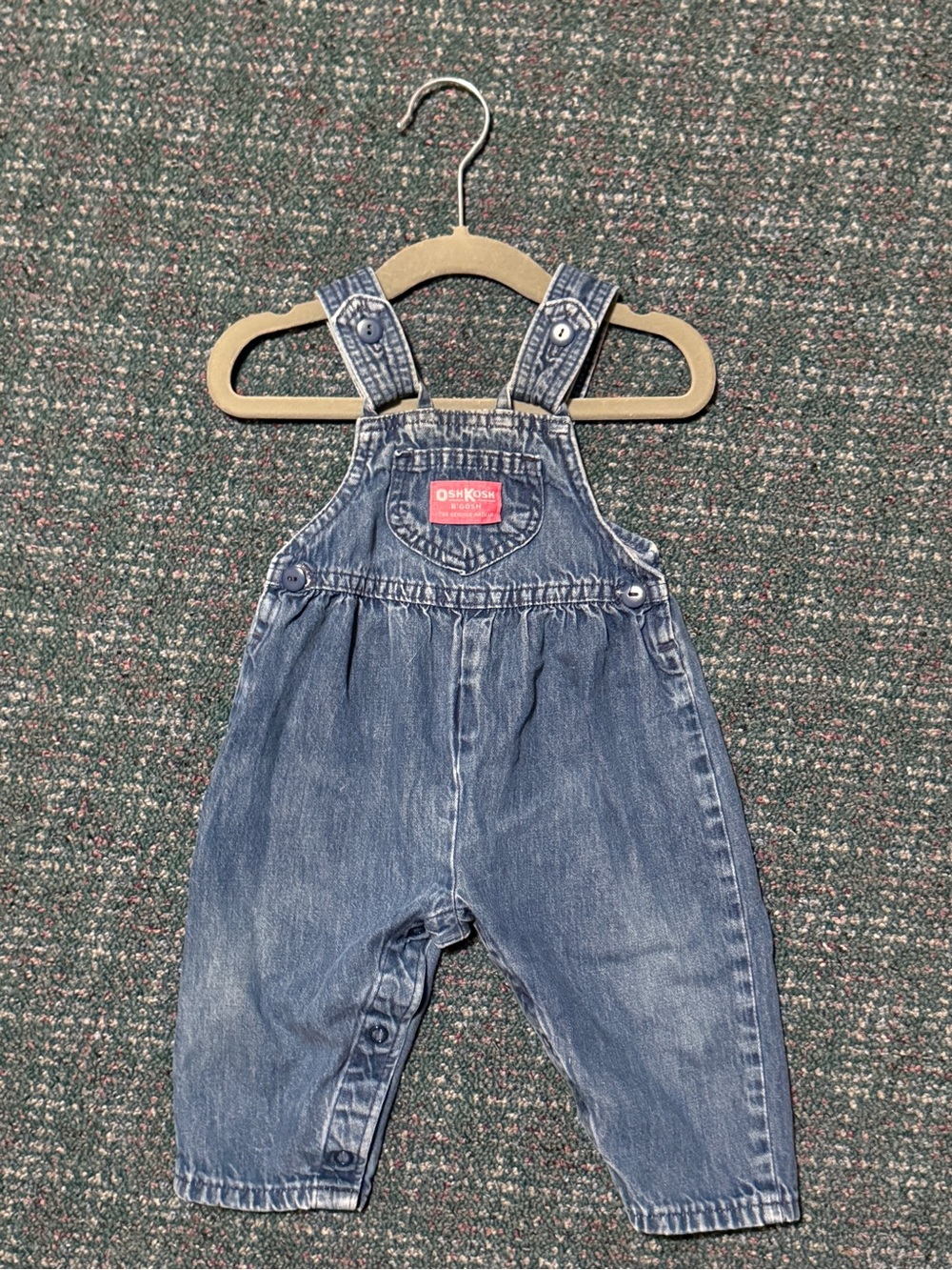 VTG OshKosh Bgosh Made in USA Pink Tag Denim Overalls Romper Baby Girl 6/9M RARE
